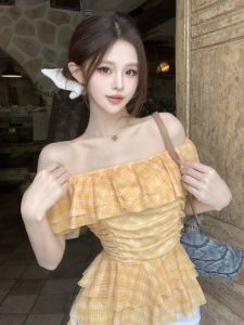 GUZILIAN | Unique Yellow Plaid Short Sleeve T-Shirt Women Summer Pure Desire One Shoulder Fishbone Waist Cutout Small Top Beautiful