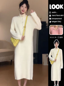 ชุดเดรสยาวถักคอสูง ชุดด้านในสำหรับผู้หญิง ฤดูใบไม้ร่วง/ฤดูหนาว 2025 ใหม่ กระโปรงทรงเอยาว ชุดด้านในเสื้อสเวตเตอร์