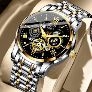 [Gift][With Box]ORUSS Original Men Luxury Hollow Stainless Steel Fashion Business Men Watch Analog Luminous Waterproof Calendar Korean Automatic Quartz Wrist Watch For Men
