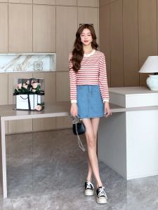 เสื้อแขนยาว ที่ถูกสุด - LEILA Clothing ลมเกาหลี ลายทาง คอกลม ไหมพรมผ้าถัก เสื้อยืดลายทาง