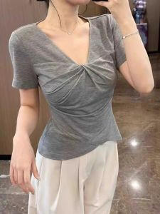 Pure Cotton Irregular V-Neck Short Sleeve T-Shirt Korean Style Slim Fit Summer New plus Size Womens Top Waist-Cinching Meat-Hiding