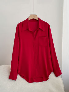 Elegant Wine Red Shirt Womens French Vintage Style Spring Autumn New Style Commute Shoulder Shirt Straight Tube Long Sleeve Polo Collar