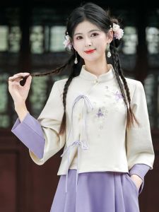 New Chinese Style Improved Plus Size Cheongsam Top Retro Fairy Chinese Fad Girls Clothing Daily Thickened Republic of China Style Tea Art Han Dynasty