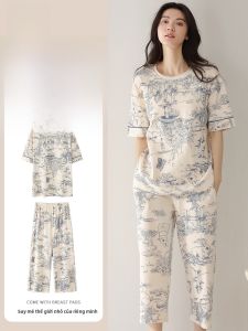 MiiOW | Bộ đồ ngủ cotton nguyên chất MiiOW dành cho nữ mùa hè mỏng có đệm ngực quần dài tay áo chui đầu cổ tròn họa tiết hoa