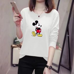 เสื้อยืดคอกลมแขนยาวผ้าฝ้ายแท้สำหรับผู้หญิง ฤดูใบไม้ผลิและฤดูใบไม้ร่วง สไตล์เกาหลี เสื้อเชิ้ตแฟชั่นลำลอง เสื้อเชิ้ตหลวมๆ ที่สวมใส่สบาย