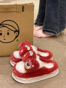 Cute Red Bear Flower Cotton Slippers Womens Winter Wear Thick Sole Non Slip Interior Home Warm Plush Slippers