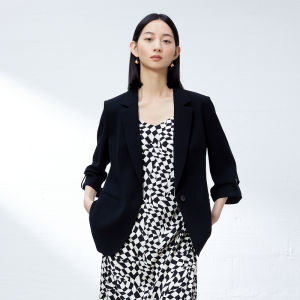 Sedate Black Acetate Suit Jacket Womens Commute Style Outerwear Autumn New Arrival Five Sleeve Business Lady Coat