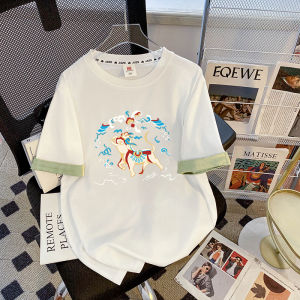 เสื้อยืดแขนสั้นทรงหลวมสไตล์จีนใหม่ไซส์ใหญ่ 300 ปอนด์ สำหรับผู้หญิงในช่วงฤดูร้อน เสื้อตัวบนทำจากผ้าฝ้ายแบบลำลอง