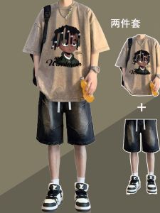 American Style Washed Short Sleeve T-Shirt Set for Men Summer Trendy with Denim Shorts Student Handsome Whole Set Casual Sportswear