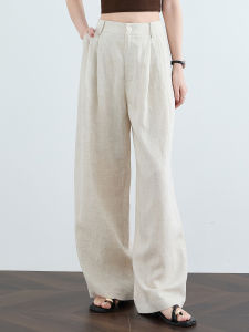กางเกงขายาวทรงหลวมเอวสูงผ้าลินินบางสำหรับฤดูร้อน กางเกงขายาวทรงเดรสสำหรับผู้หญิง กางเกงขายาวทรงหลวมสบาย ๆ สไตล์ลำลอง