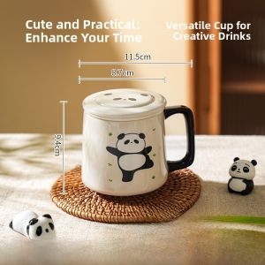 Cute Creative Ceramic Panda Tea Cup with Lid Office Use Tea Water Separation Mugs Cartoon Style High Temperature Firing