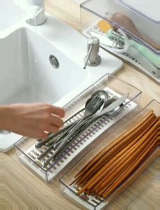 🔥Ready Stock🔥 Acrylic Chopsticks & Food Storage Holder with Drainer Net Transparent Durable Acrylic with Transparent Lid