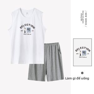 FuniBaoluo | Bộ đồ ngủ cotton mùa hè mỏng không tay giản dị cho nam Bộ đồ mặc nhà bao gồm áo vest và quần short