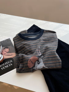 Retro Cartoon Rabbit Print round Neck Striped Long Sleeve T-Shirt Women Loose Ageless Early Autumn New Style Trendy Top