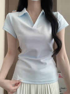 SUHUIQIAN | Womens Stylish Blue Polo T-Shirt Summer Short Sleeved Fitted Waist