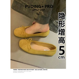 Korean Style Red Bean Bean Shoes Womens Spring 2025 New Inner Heightening Flat Heel Versatile Butterfly Knot Splicing Leather Shoes