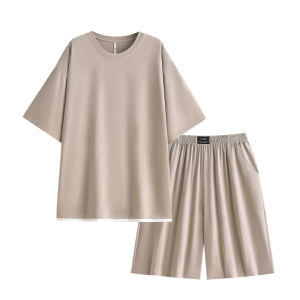 yuenei | Mens Summer Ice Silk Modal Cool Sensation Short Sleeve Sleepwear Set Comfortable Lightweight Home Clothes Straight Leg Pants