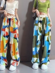 กางเกงขายาวผ้าไหมน้ำแข็งลายผูกโบว์สไตล์เกาหลีสำหรับฤดูร้อน กางเกงขายาวผู้หญิงทรงหลวมบาง ทรงตรง พิมพ์ลายชีฟอง กางเกงลำลองชายหาด