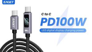Cáp Sạc Nhanh USB C EAGET 100W Tích Hợp Màn Hình Hiển Thị Chip E-Marker Hỗ Trợ PD3.0 Chất Liệu Nylon Dùng Cho Laptop/Tablet/Điện Thoại USB-C To USB-C