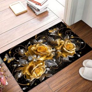 VIKAMA Gold Rose Pattern Rug Non-Slip Washable Carpet for Living Room Bedroom Indoor Outdoor Childrens Play Mat
