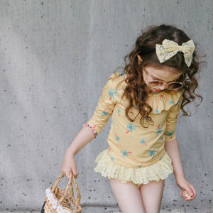 Girls Summer Sunscreen Swimwear Long Sleeve Two-Piece Swimsuit Quick Dry Childrens Clothing Polyester Blend from Guangdong