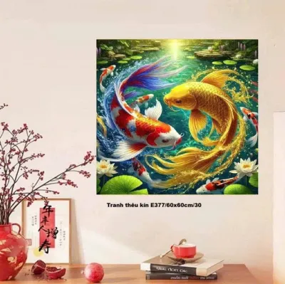 Tặng kéo + xỏ chỉ - Tranh thêu chữ thập Song ngư - KT:50x50cm_ E377_chưa thêu