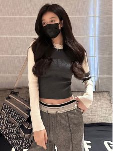 American Style Long Sleeve Knitted Sweater Womens Spring Autumn New Slim Short Splice Color Block Beautiful Small Top