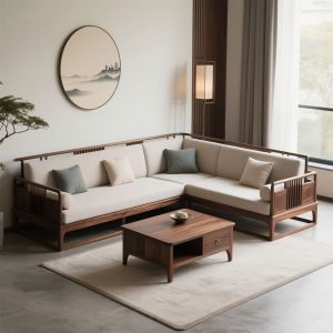 New Chinese Style Office L-Shaped Corner Sofa Black Walnut Wood Solid Wood Zen Aesthetic Furniture Song Family Aesthetic