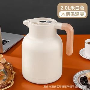 European Style Vacuum Insulated Stainless Steel 304 Hot Water Pot with Wood Handle Home Use Coffee Pot Dustproof Water Pot