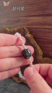 (Real Unit) Ruxins Original Design Rose Quartz Bracelet with Silver Sheen Obsidian Lucky Cat Charm and Silver Spacer Beads Cute Crystal Gift for Daily Wear