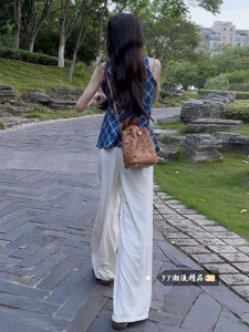 Blue Sleeveless Plaid Shirt Womens Autumn Winter New Retro Striped T-shirt Beautiful Small Shirt Super Good Looking Top