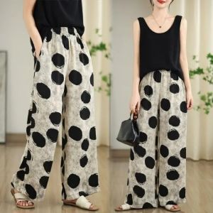 กางเกงขายาวผ้าไหมน้ำแข็งลายจุดอะซิเตท ทรงหลวมสบาย ๆ สำหรับฤดูร้อน กางเกงขายาวทรงหลวมสไตล์ลำลอง ระบายอากาศได้ดี