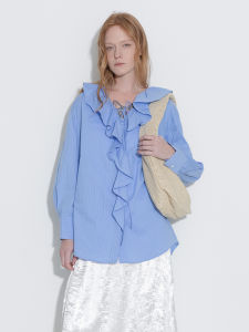 Striped V-Neck Wide Ruffle Hem Tied Casual Shirt
