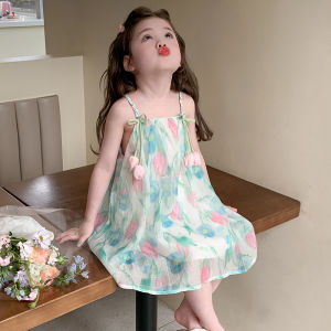 Fashionable Floral Print Girls Dress Korean Style mid Waist Strap Vestibule Skirt Breathable Moisture Wicking Machine Washable