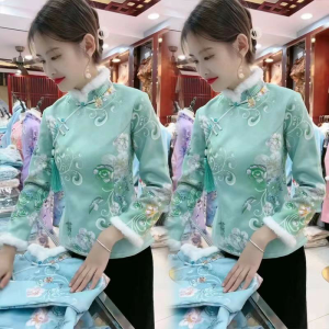 เสื้อเชิ้ตผู้หญิงฤดูใบไม้ร่วง/ฤดูหนาว ทรงเข้ารูป แขนยาว ปกตัว ขนแกะ เสื้อผ้าทำงาน สไตล์ชาติพันธุ์ แขนยาว เสื้อผ้าทำงาน