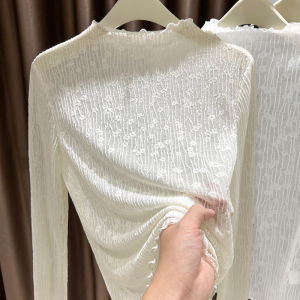 Spring Autumn New Style Lace Wooden Ear Net Half High Collar Hollow out Inner Wear Long Sleeve Top Women Base Shirt