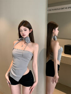 GUZILIAN | Spicy Girl Style Black Sash Sleeveless Bandeau Tank Top Women Summer Slim Fit Inner Wear Chest Wrap Pure Desire Short Shirt Outerwear