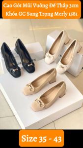 Giày Cao Gót Mũi Vuông Đế Vuông Trụ 6cm Khóa Ngang Merly 1581 Giày Cao Gót Big Size 35-43 Giày Bít Mũi Nữ