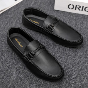 Mens Breathable Leather Slip-On Black British Style Soft Non-slip Loafers