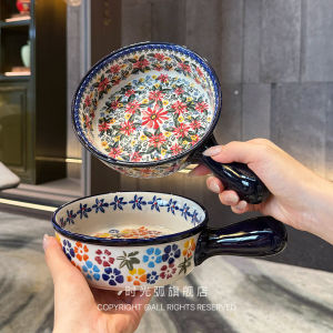 Creative Ceramic Bowl with Handle High Aesthetic Value Dining Utensils Microwave Safe Rice Cooking Bowl European Style Floral Pattern