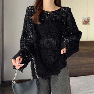 เสื้อเชิ้ตลูกไม้แขนยาวทรงหลวมสไตล์ใหม่ฤดูใบไม้ผลิปี 2025 เสื้อคลุมกระชับสัดส่วนระดับไฮเอนด์สำหรับผู้หญิงไซส์ใหญ่