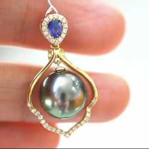 Montagne Jewelry 18K Pure Gold Pendant 35 pces Diamond 0.1 Carat Sapphire Inset Fine Jewellery Natural 11-12mm Tahiti Pearl Pendant