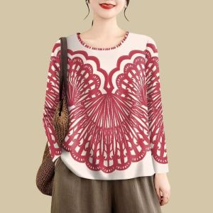 New Long Sleeve 2025 Printed Anti-Wrinkle round Neck Spring Autumn Mom T-Shirt Belly Covering Slimming Versatile Base Shirt Women Trendy
