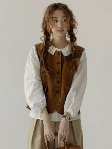 เสื้อกั๊กคอตตอนขนแกะสไตล์ย้อนยุคสำหรับผู้หญิง ทรงหลวม แขนยาว ทรงหลวม ทรงเข้ารูป สไตล์ฤดูใบไม้ร่วง ฤดูใบไม้ผลิ