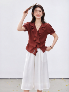 Vimly | Fashionable Casual Womens Suit  Two Piece Set Ruffle Blouse Wide Leg Pants