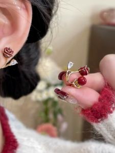 Elegant Red Rose Flower Stud Earrings Fashionable Gentle Design Dual Wear Silver Needle Womens Jewelry Accessory