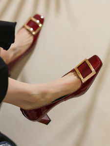 Spring Autumn New Style Wine Red Metal Buckle High Heels Women Thick Heel up Court Single Shoes Wedding Shoes Leather Material