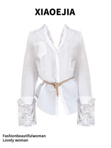 เสื้อเชิ้ตคอวีผ้าลูกไม้ผสมผ้าฝ้ายลินินสไตล์ฝรั่งเศสสำหรับผู้หญิงในฤดูใบไม้ผลิ 2025 แขนยาว ทรงหลวม ทรงเข้ารูป