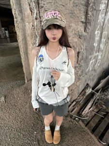 Womens American-Style Shoulder-Length Long-Sleeve T-Shirt New Lace Splice V-Neck Loose Fit Sweatshirt Trendy Streetwear for 18-24 Birthday Party in Autumn