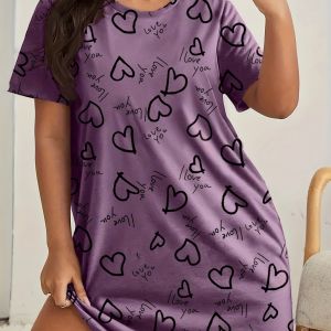 Plus Size Love Print Short Sleeve Nightgown Womens Large Size Micro Stretch Casual Round Neck Loungewear Dresses